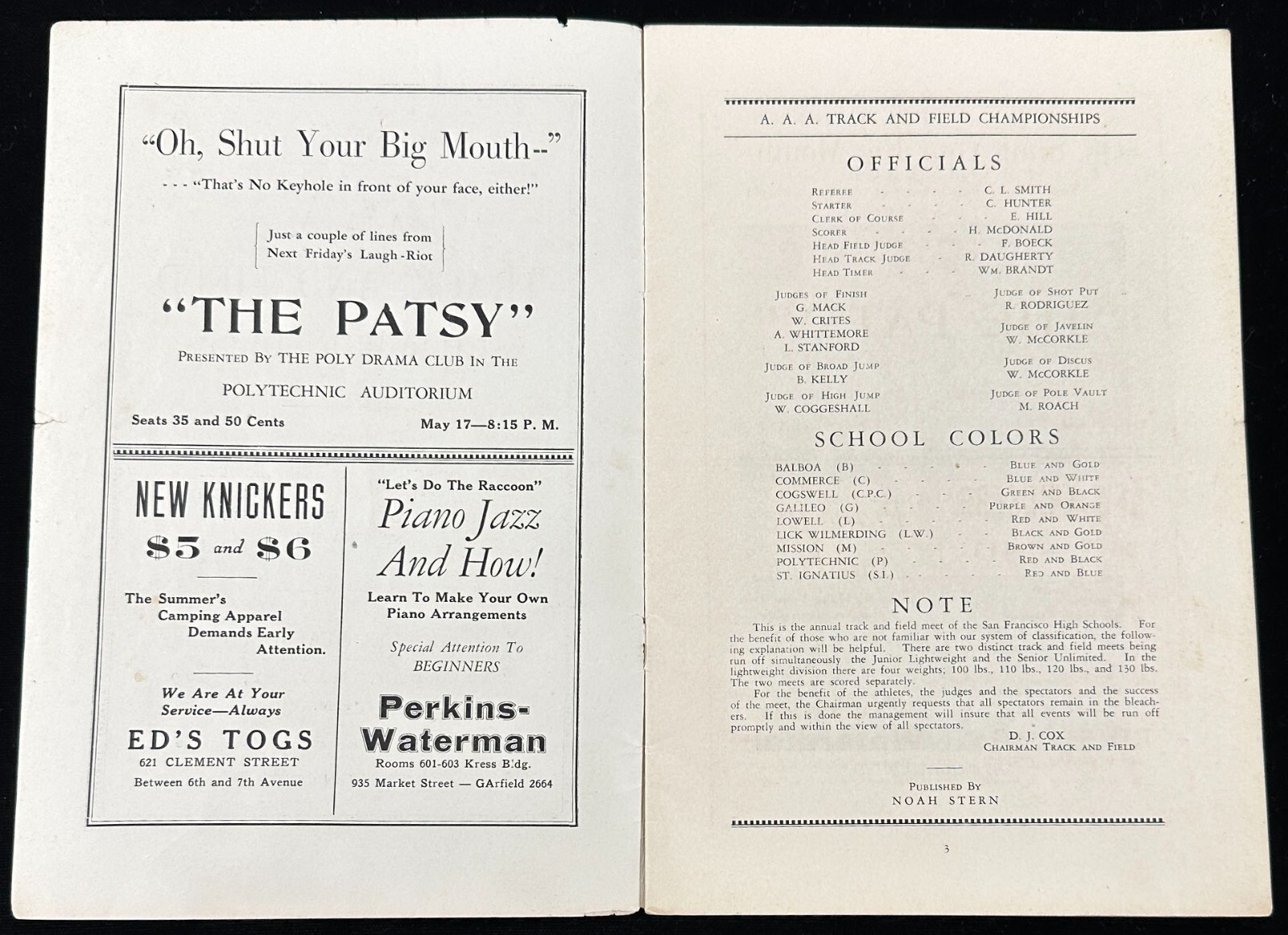 1929 SF High School AAA Track and Field Championships Official Program