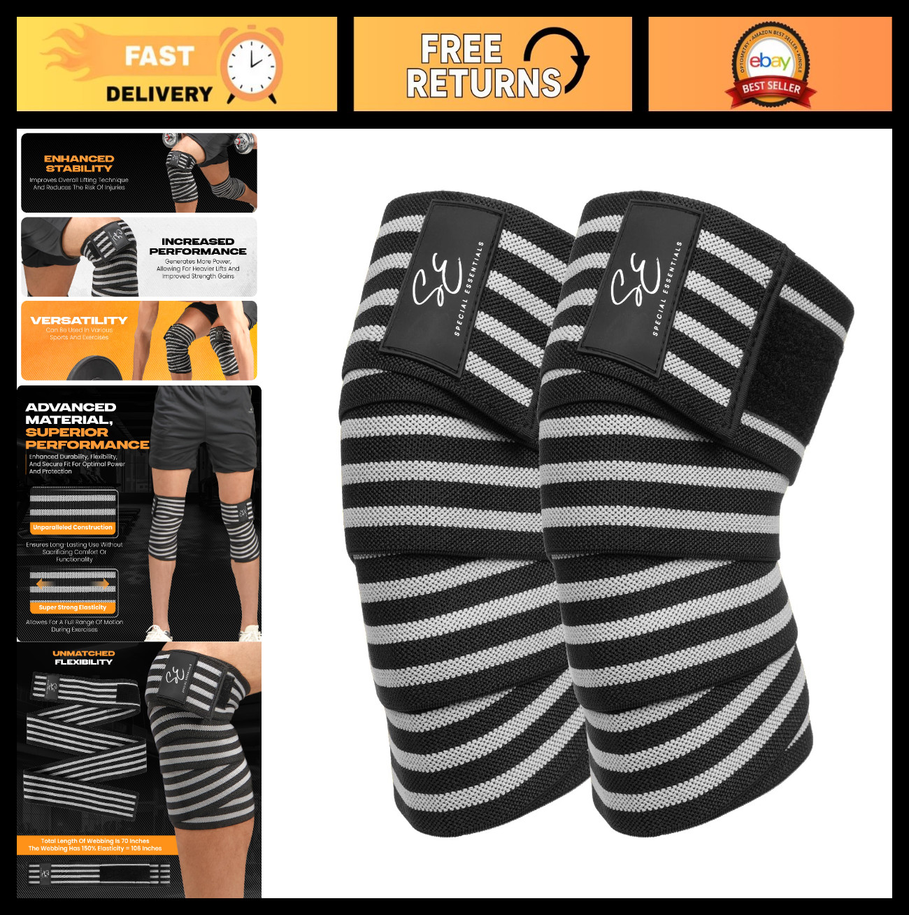 Knee Wraps for Weightlifting - 72" Flexible Support Straps (2 Pack) for Powerlif