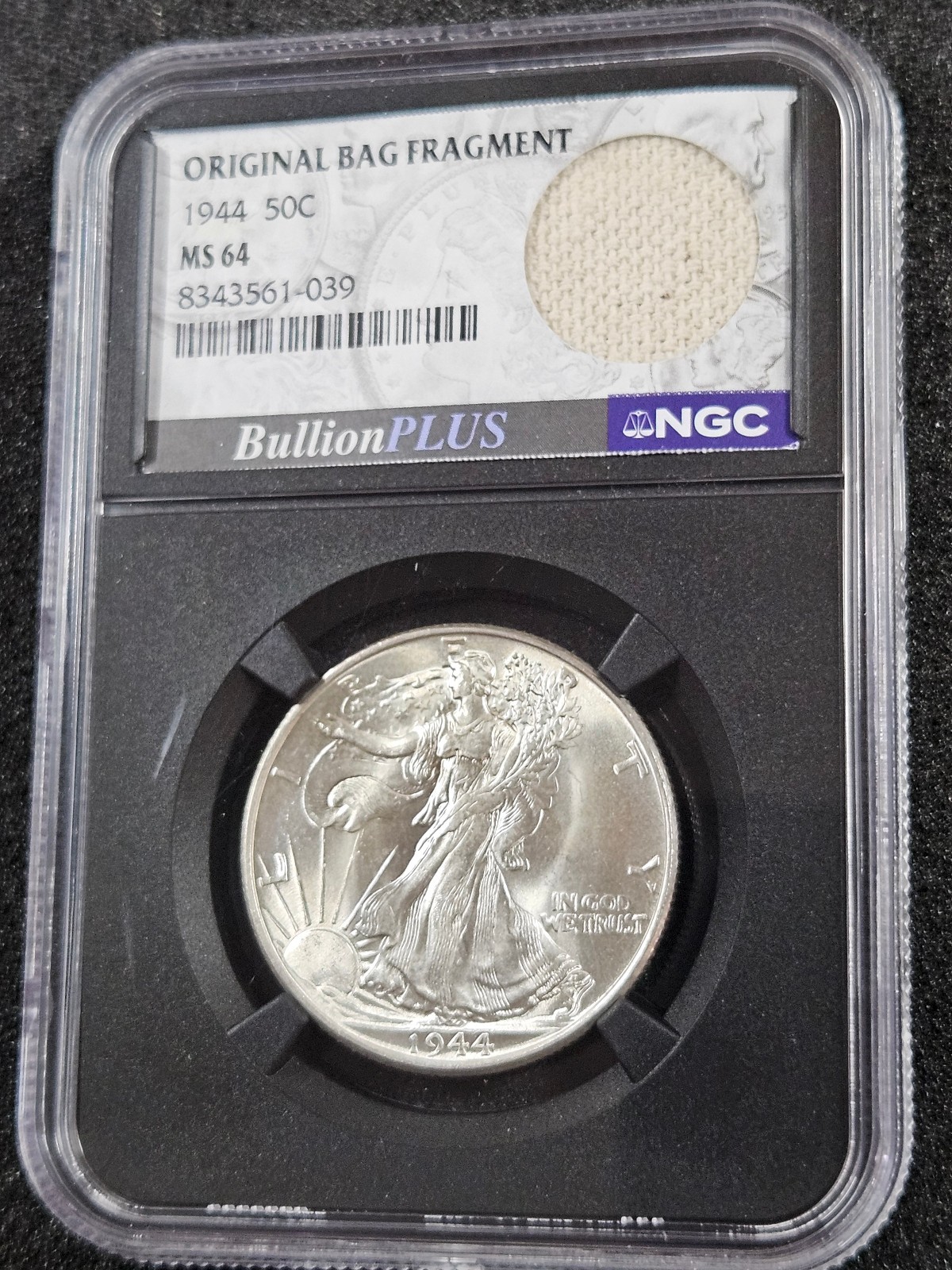 🌟 1944 Walking Liberty Half Dollar Coin w/Original *BAG FRAGMENT* NGC MS64