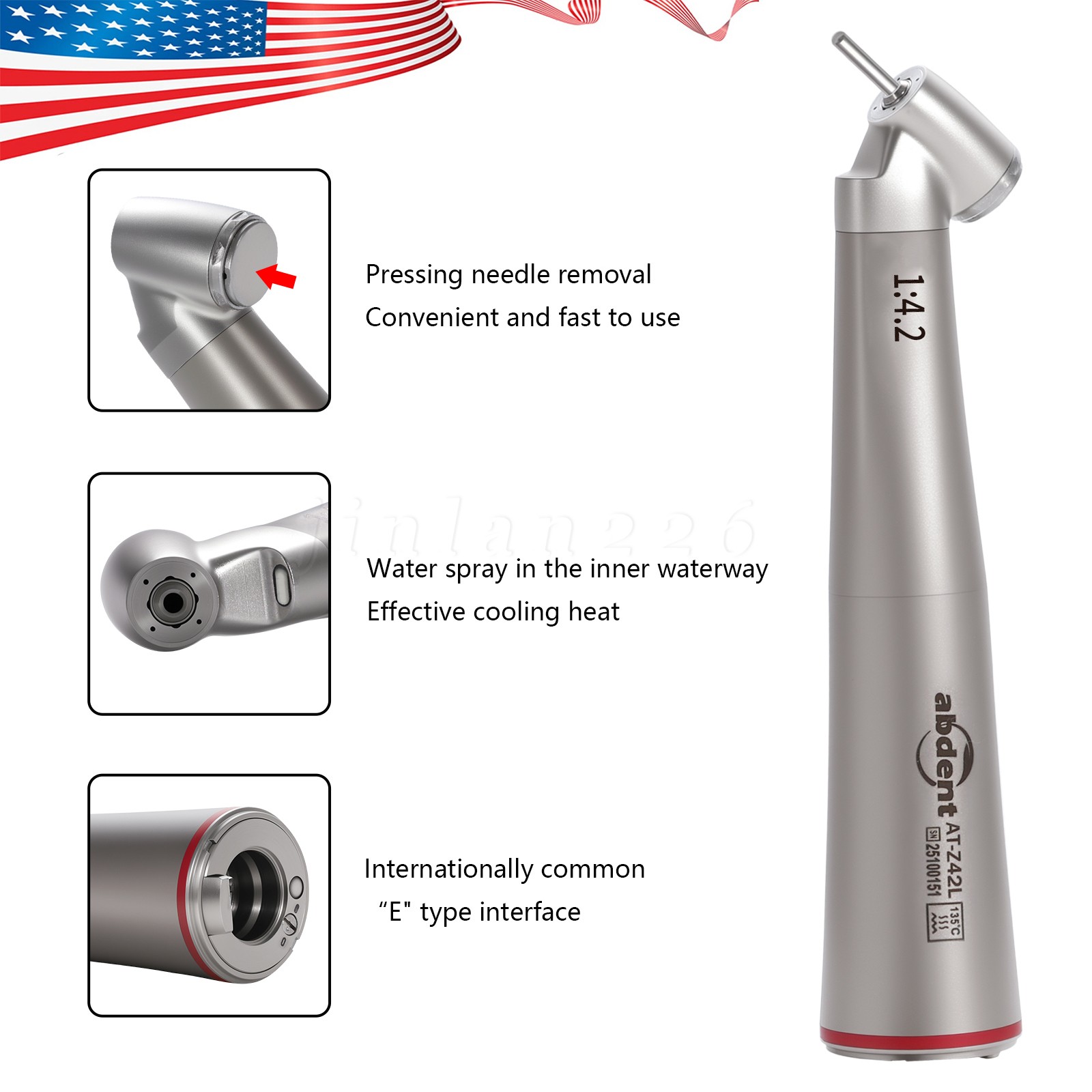 Dental 1:4.2 Increasing Handpiece 45 Degree Fiber Optic Electric Contra Angle AT