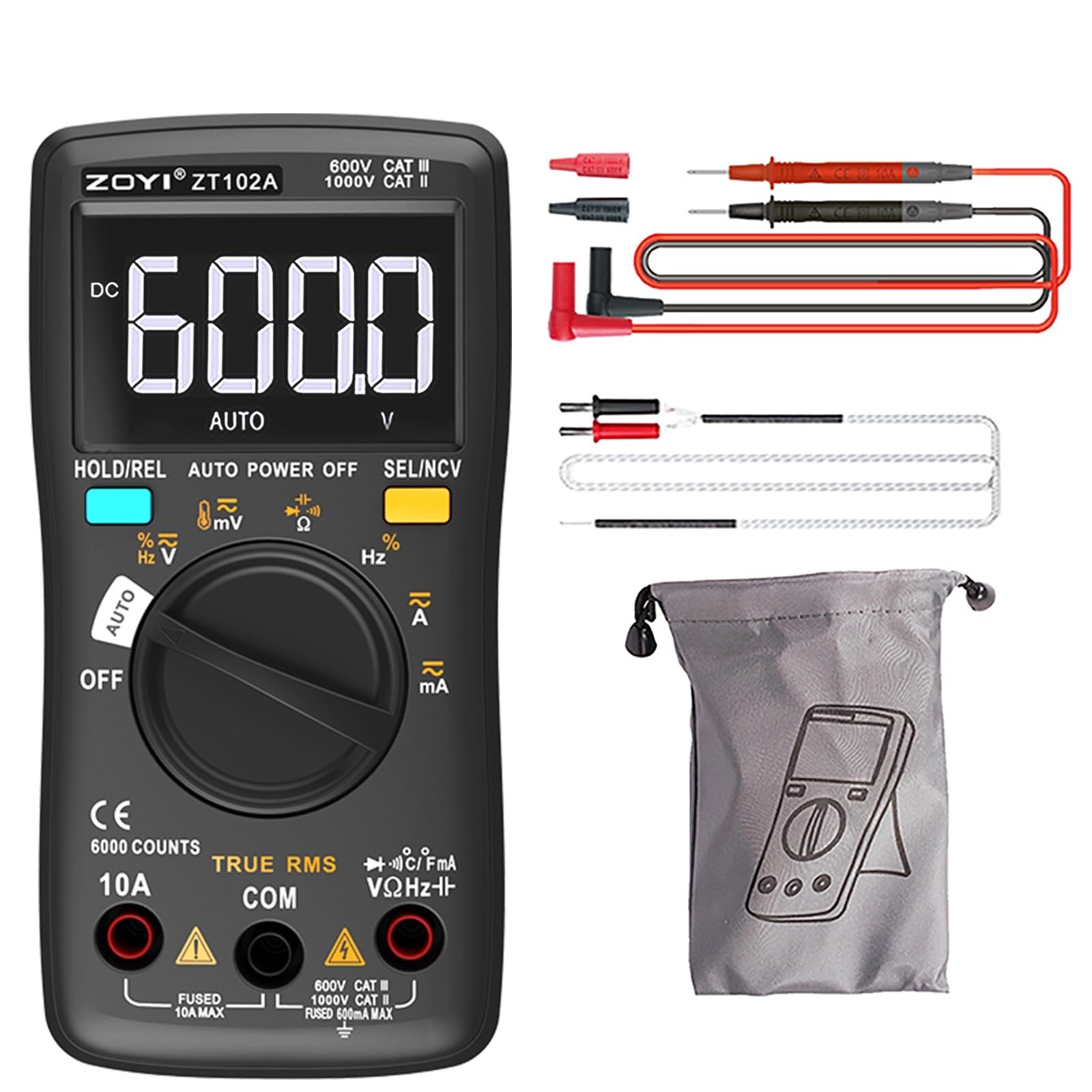 Zotek ZT-102A Digital Multimeter, 6000 Counts, True RMS, Dual-Mode 4, Black