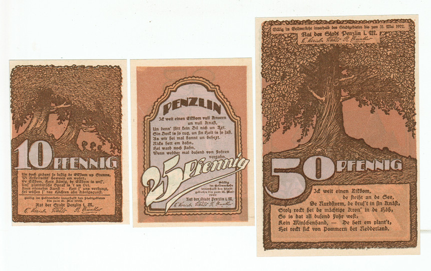 SET OF 3 GERMANY NOTGELD 10.25.50 PFENNIG PENZLIN 1922 UNC
