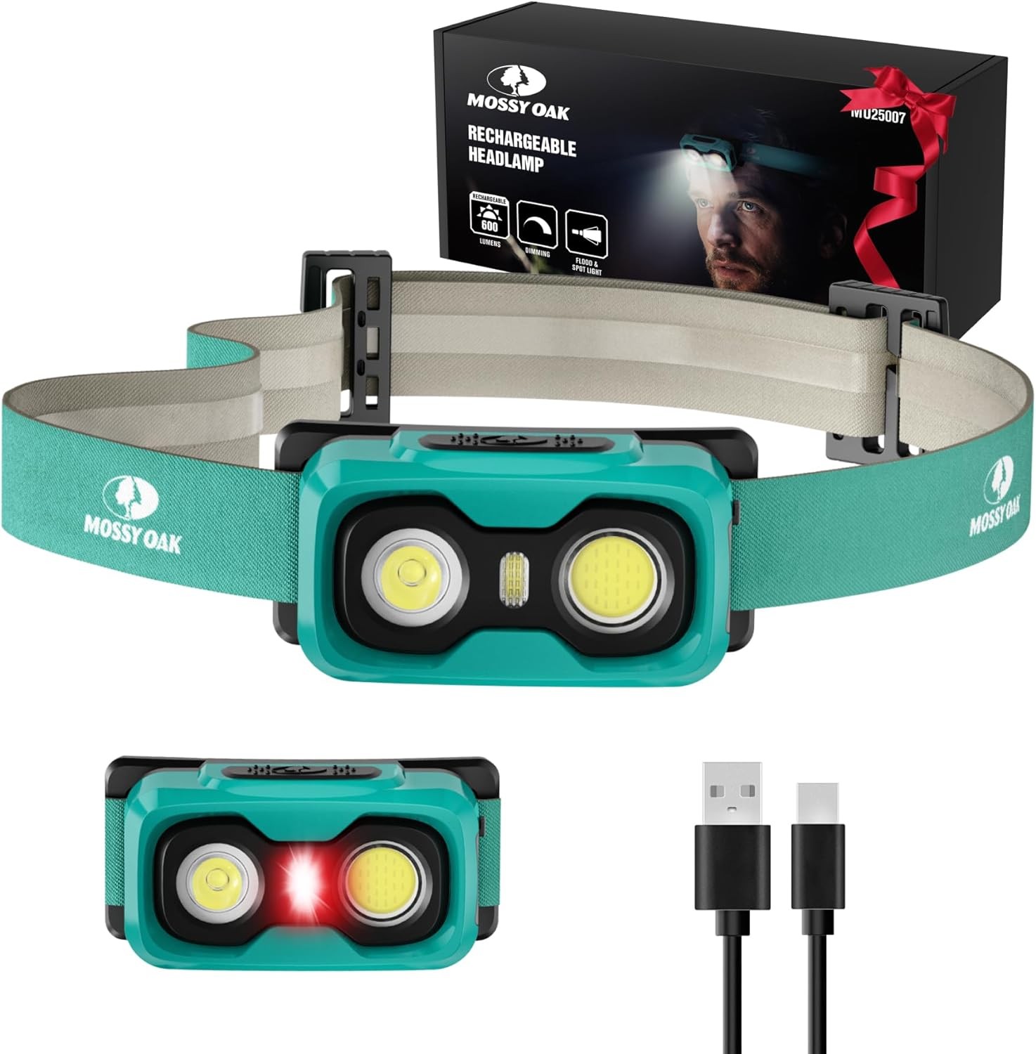 Mossy Oak 600 Lumens Rechargeable Headlamp, LED Headlight with White & Red Light