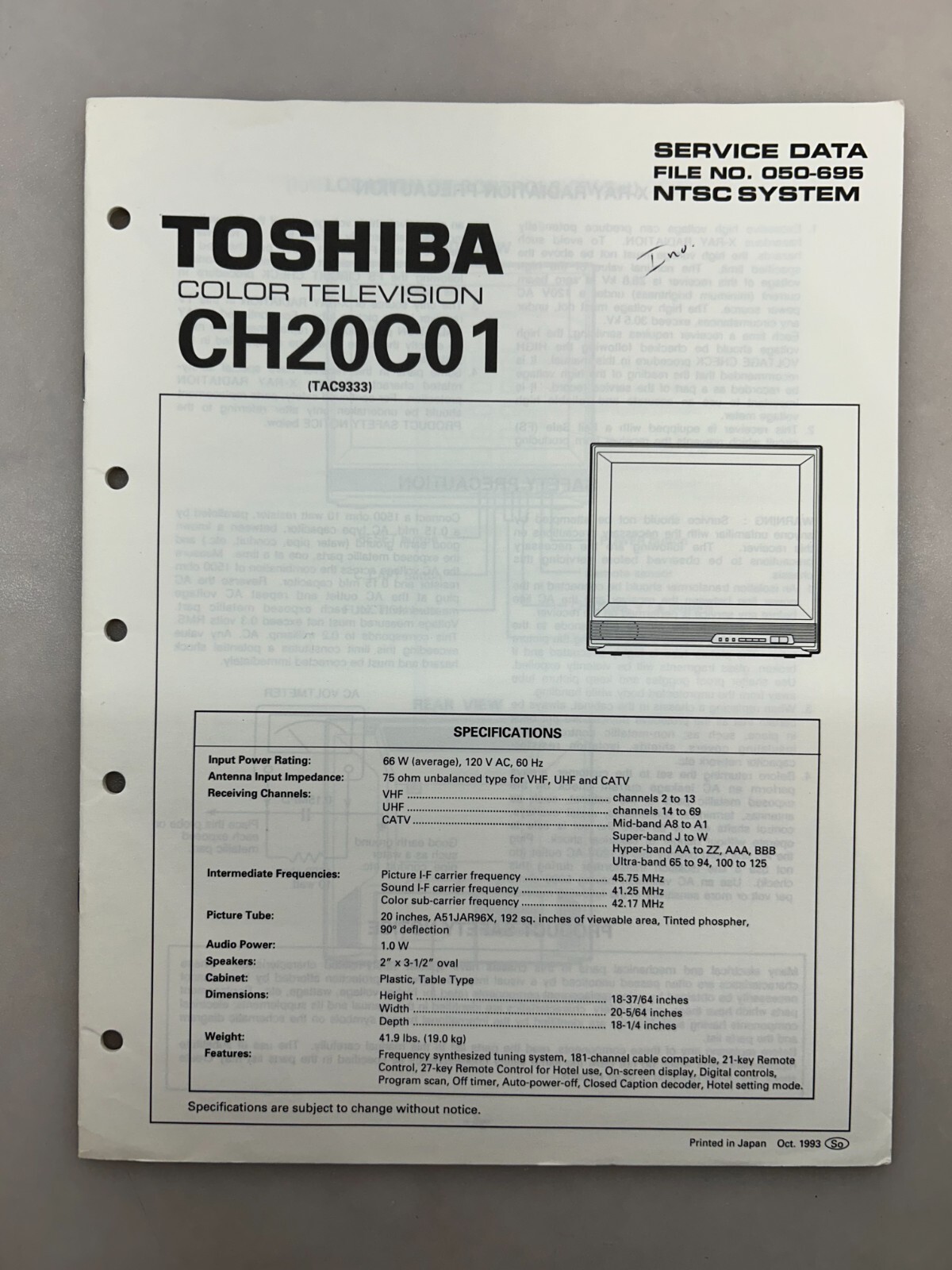 Toshiba CH20C01 Original Service Manual Free Shipping