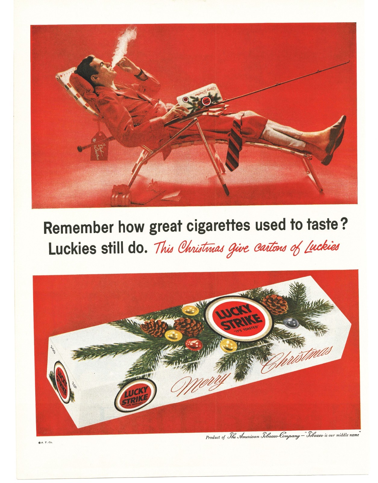 1959 Lucky Strike Cigarettes Vintage Print Ad Christmas Fishing Rod Lounge Chair