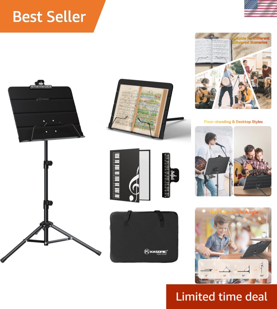 Sleek Black Music Stand with Adjustable Angle & Height - Ideal for Home & School