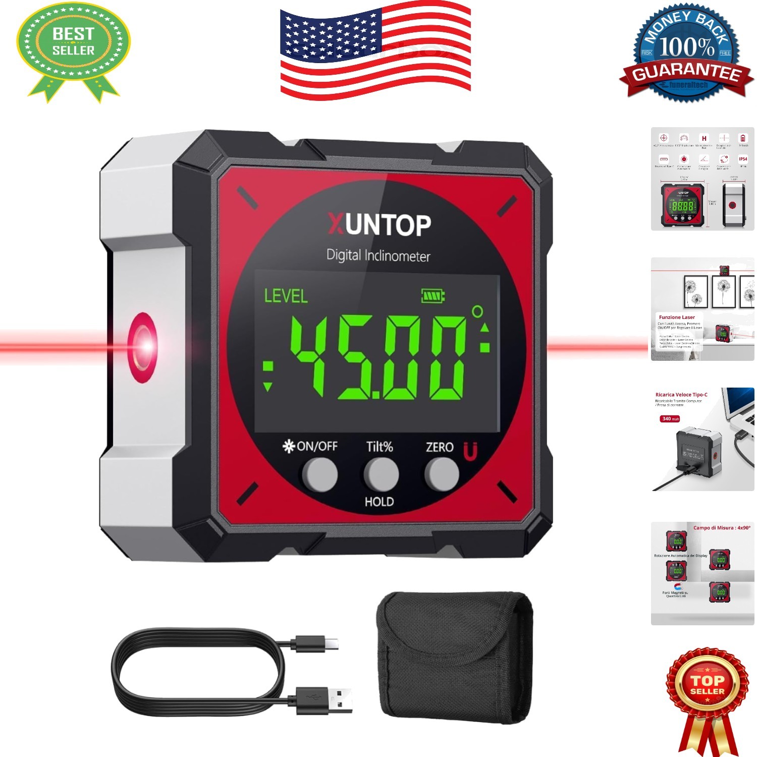 High Accuracy Digital Angle Finder with Magnetic Sides | Laser Included | 2.4"