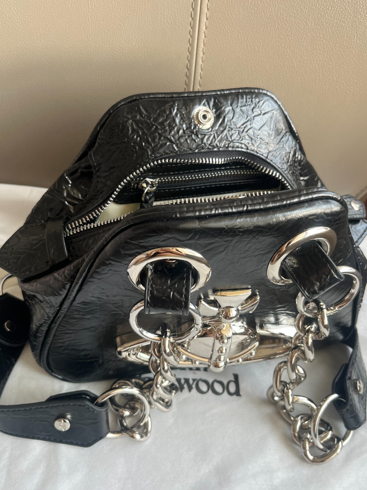 Vivienne Westwood Big Orb 2Chain Strap Black Leather Shoulder Bag