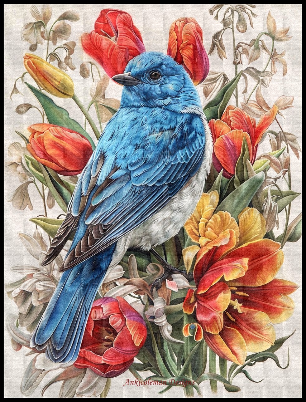 Blue Bird - Tulip - DIY Chart Counted Cross Stitch Patterns Needlework DMC Color