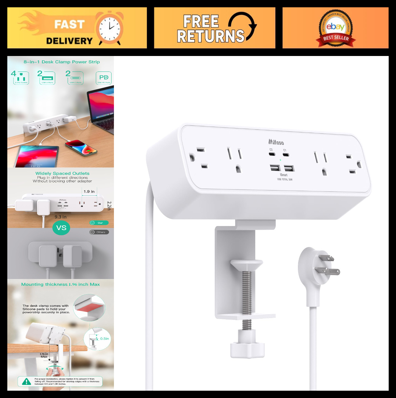 30W Desk Clamp Power Strip Surge Protector, 4 Outlets & 4 USB Fast Charger, 5FT