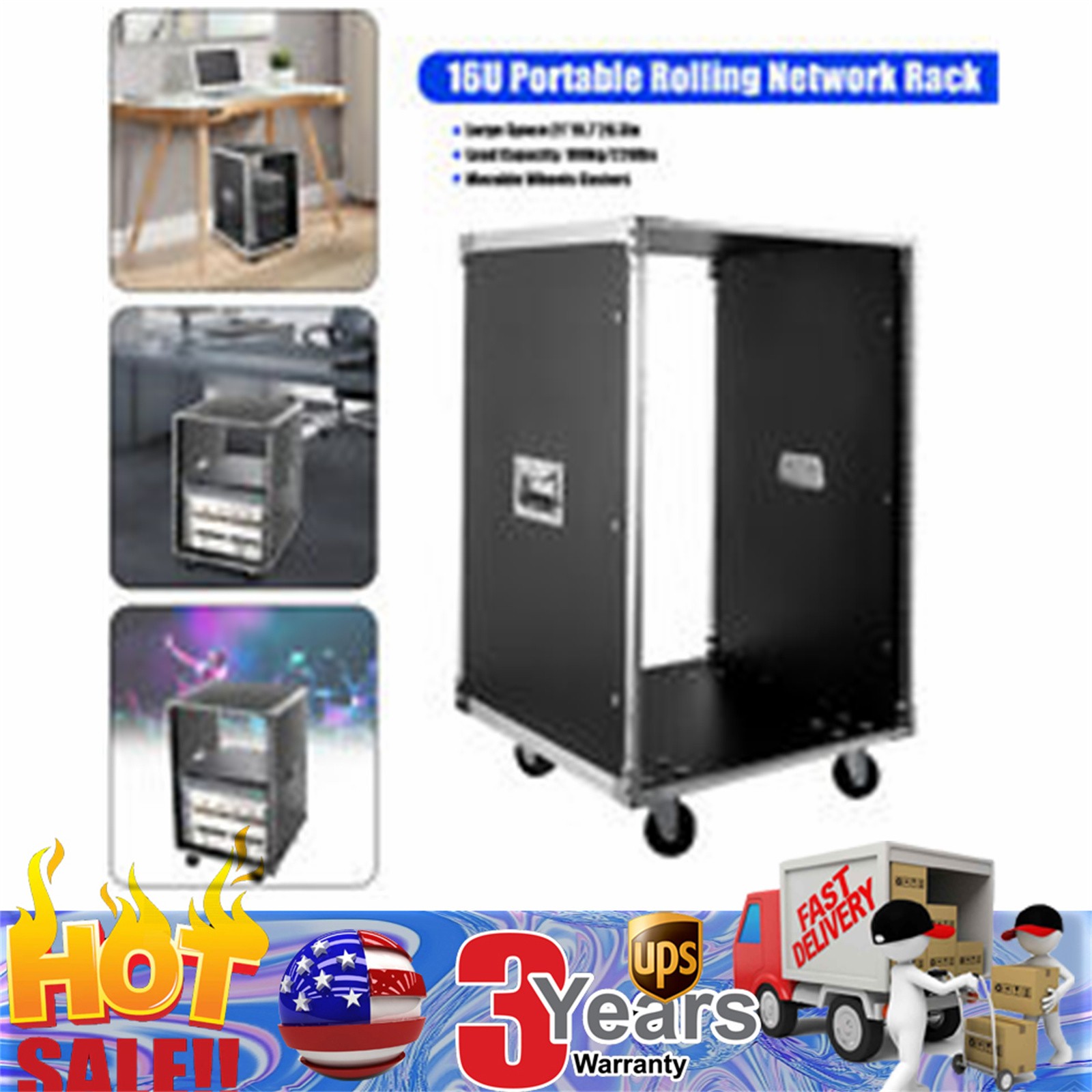 16U Server Rack Open Frame Rolling Network Data Rack 19 inch w/ Casters 4 Post!
