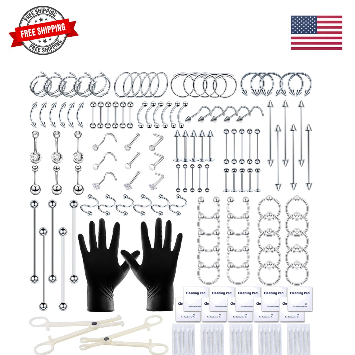 Pcs Piercing Kit: 12G, 14G, 16G, 20G Needles & 316L Stainless Steel Jewelry f...