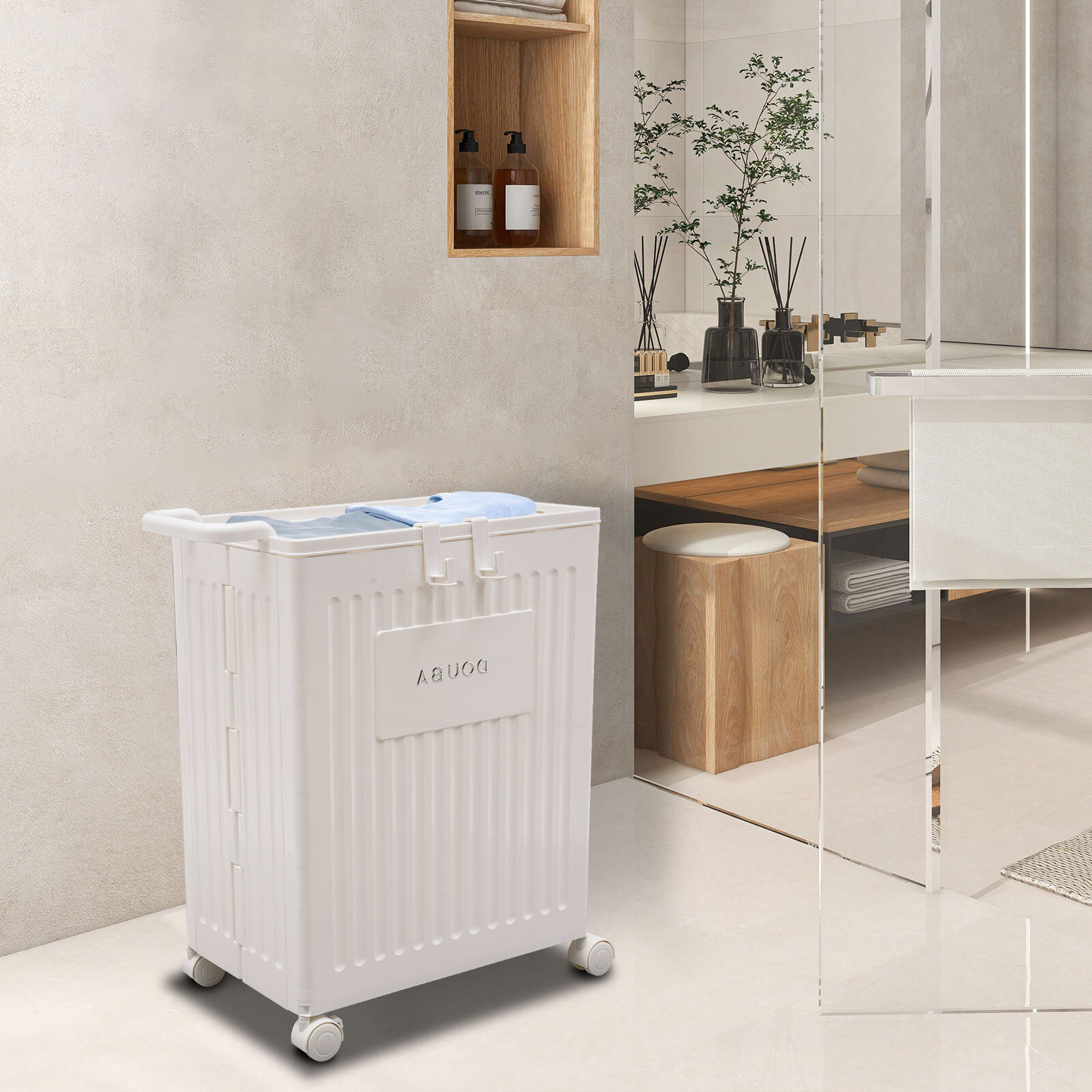 PP Removable Storage Cabinet with Wheels Foldable Storage Box White 39*25*52.5cm