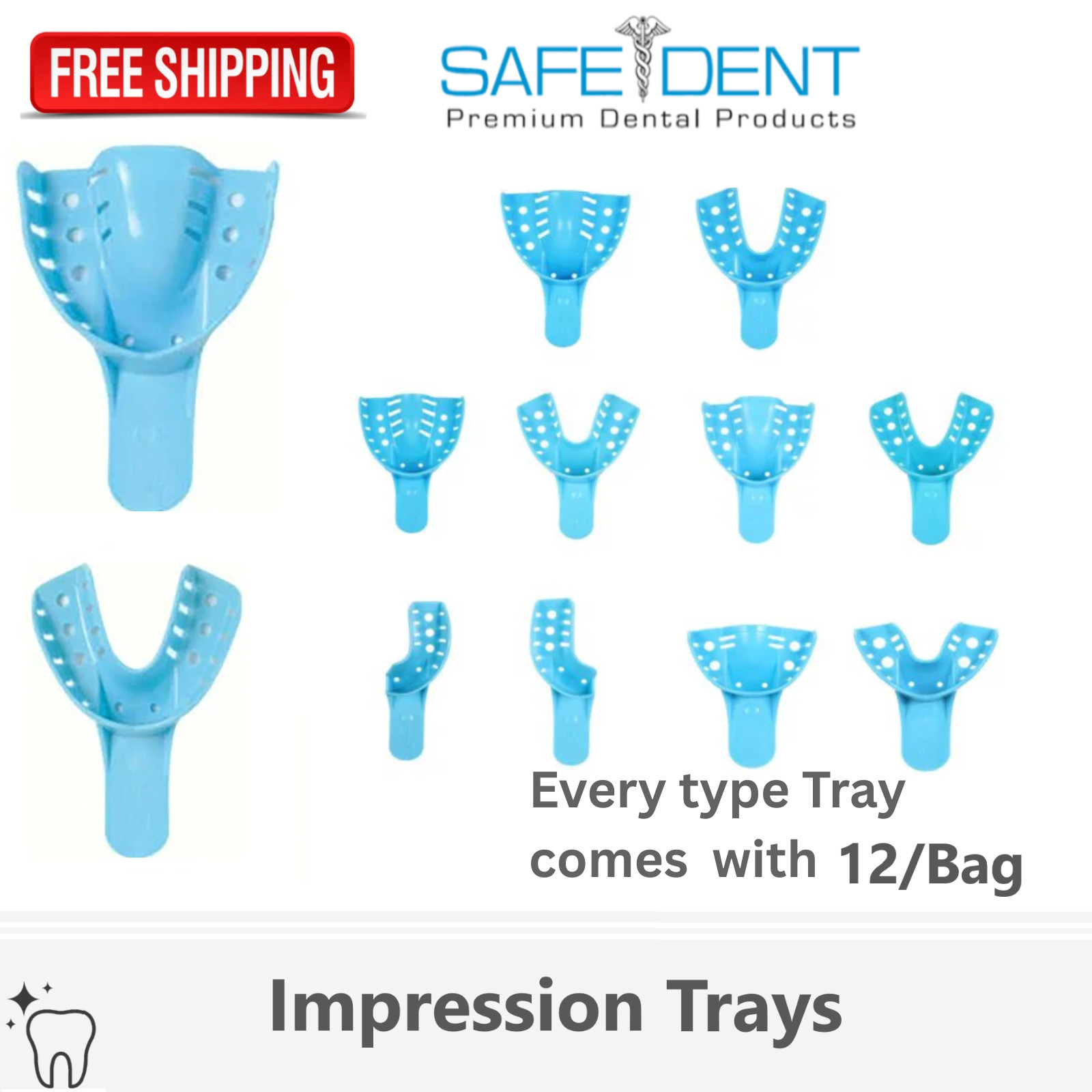 12Pcs Dental Impression Trays Perforated Plastic Denture trays Upper/Lower L/M/S