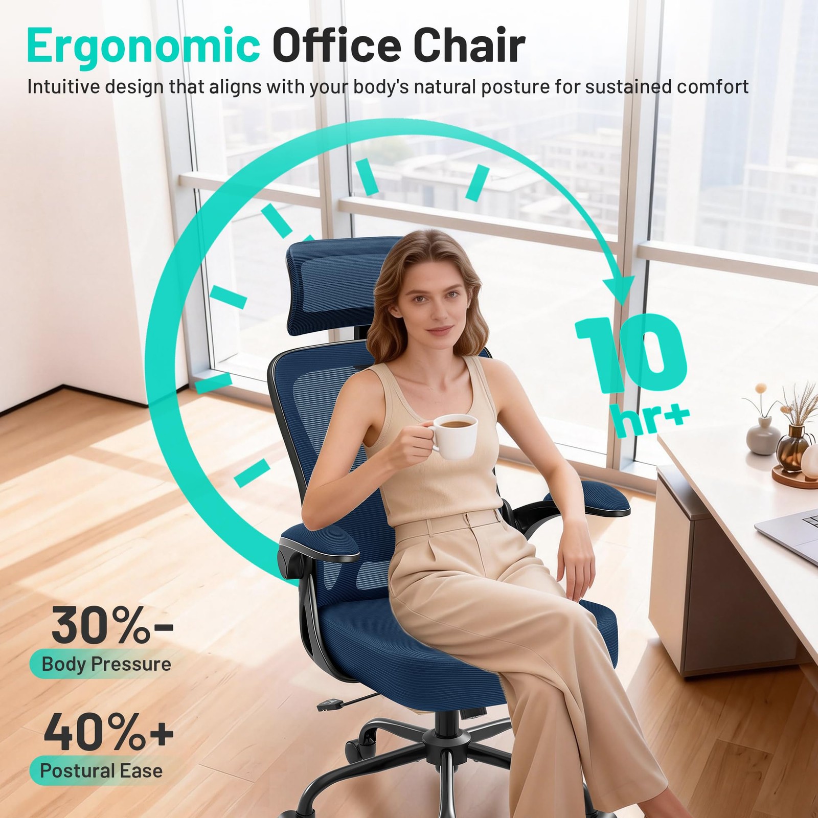 Office Chair - Ergonomic Desk Chair Breathable Mesh Chair with 2D Headrest & ...
