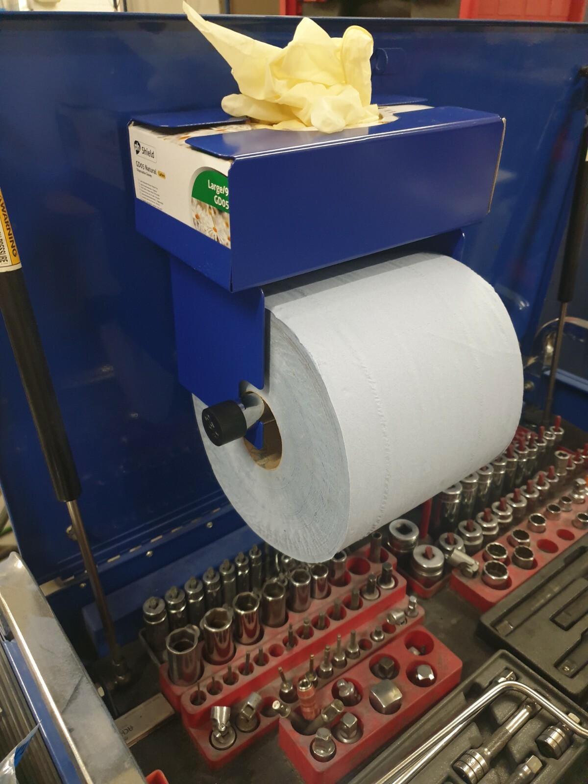 Mechanics, blue Roll Paper Holder & vinyl glove box holder with magnetic mount