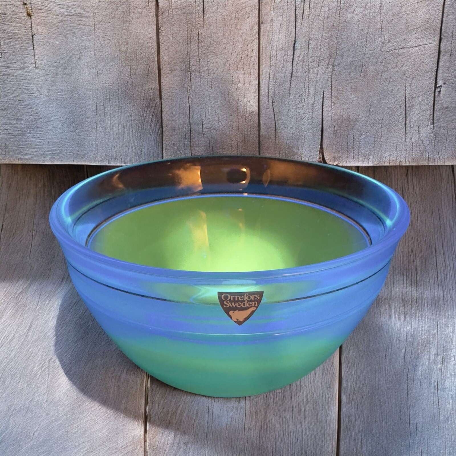 Orrefors Sweden Neptunus Blue Incalmo Bowl Manganese 365nm UV Glowing Glass Dish