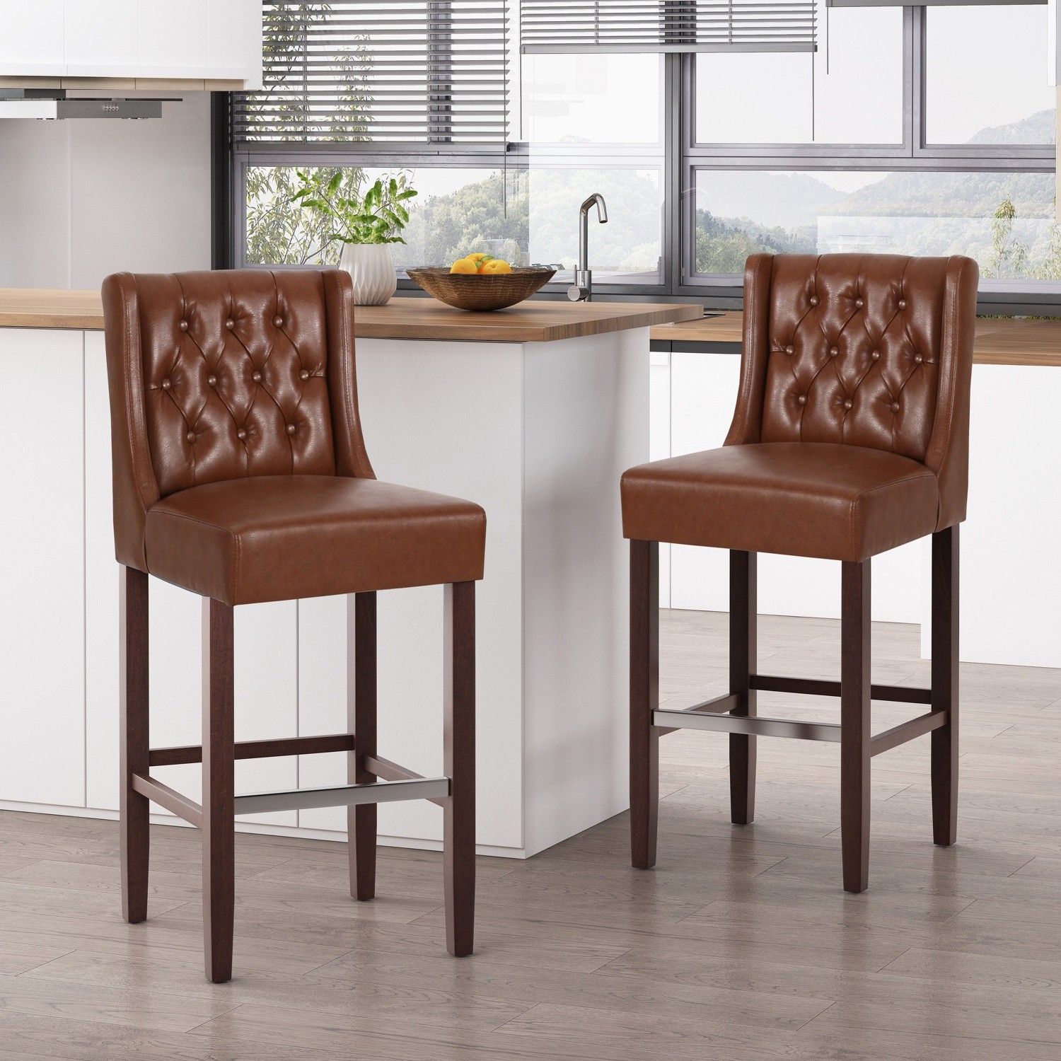 PU Leather Counter Height Bar Stool Set of 2 w/ Metal Frame for Kitchen Island