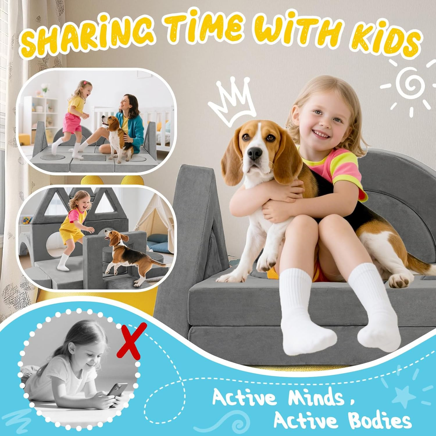 16PCS Convertible Kids Play Couch - Washable Foam Sofa for Creative Fun (Grey)