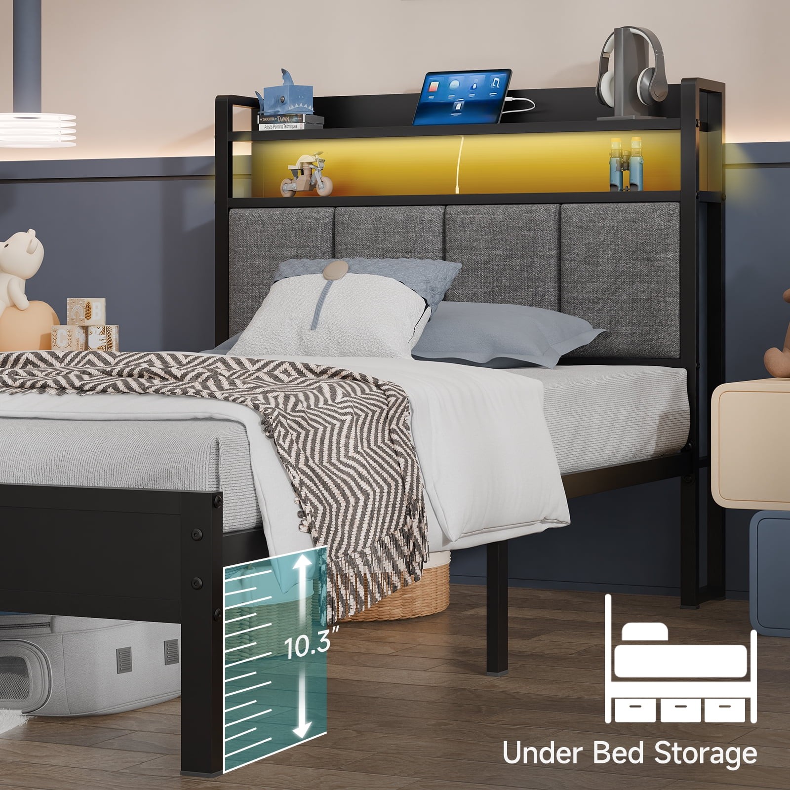 Storage Metal Platform Bed Frames with LED Light, Twin
