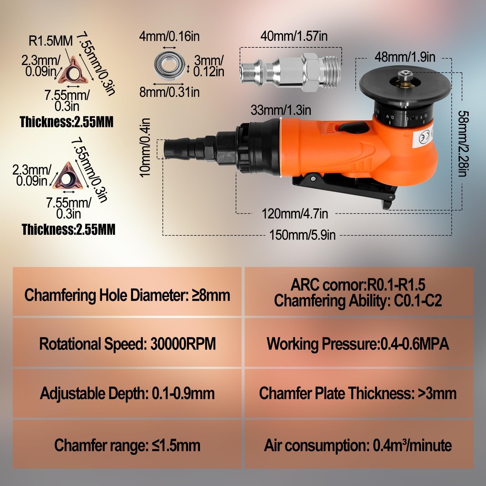 2-in-1 Mini Pneumatic Chamfering Tool, 45° Bevel Trimming & Deburring Machine 30