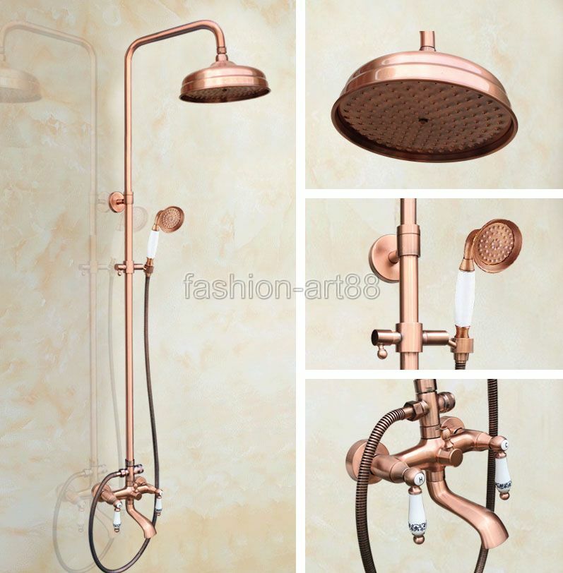 Antique Red Copper Bathroom Rain Shower Head Faucet Set Tub Mixer Tap frg544