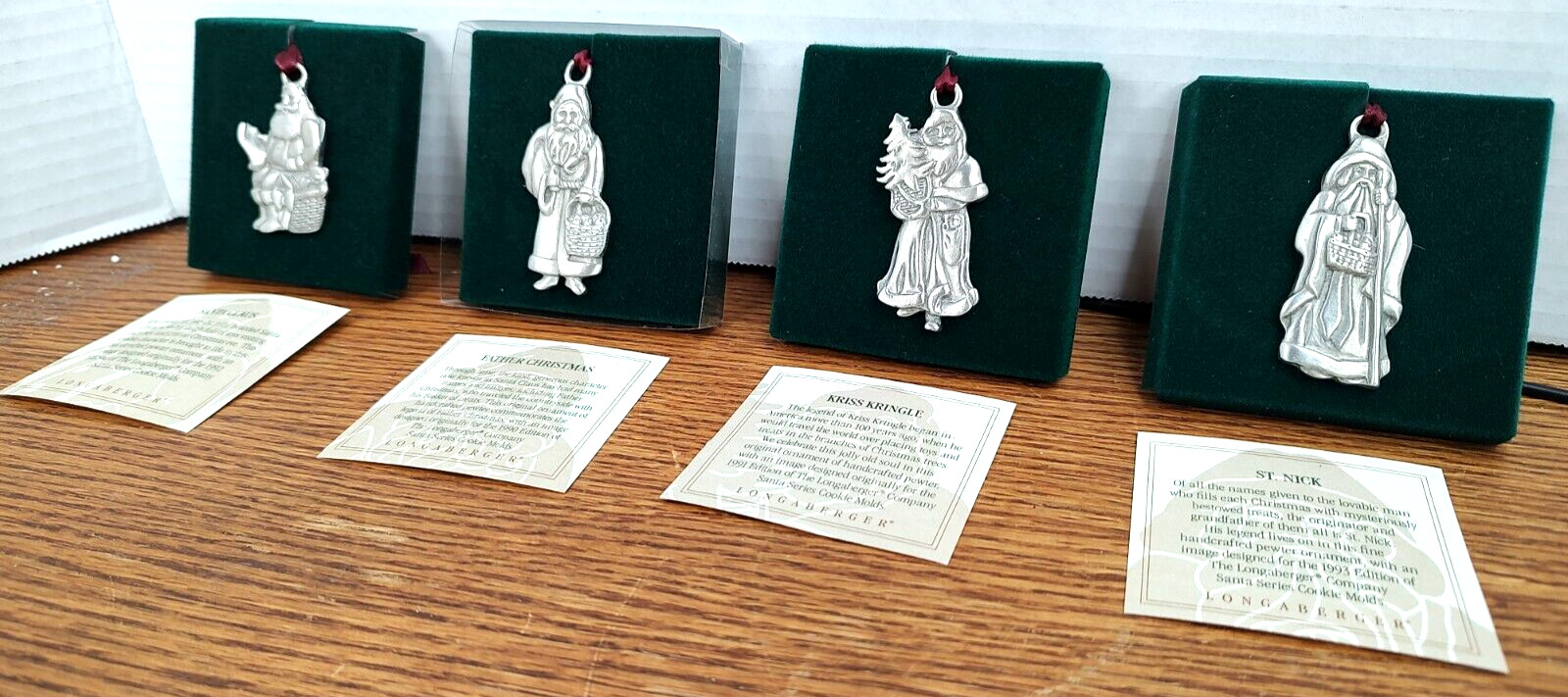 Longaberger # 1990-93 4 Pewter Xmas Santas Kris Kringle St Nick Tie On Ornament