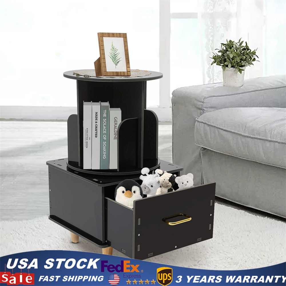 Modern Bedside Table with Drawer Corner High End Table Black Rotating Bookshelf