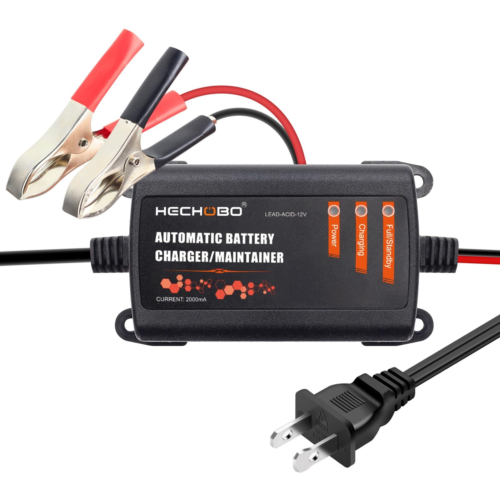 12v 2A Battery Charger, Trickle Charger for Lawn Mower Battery, black
