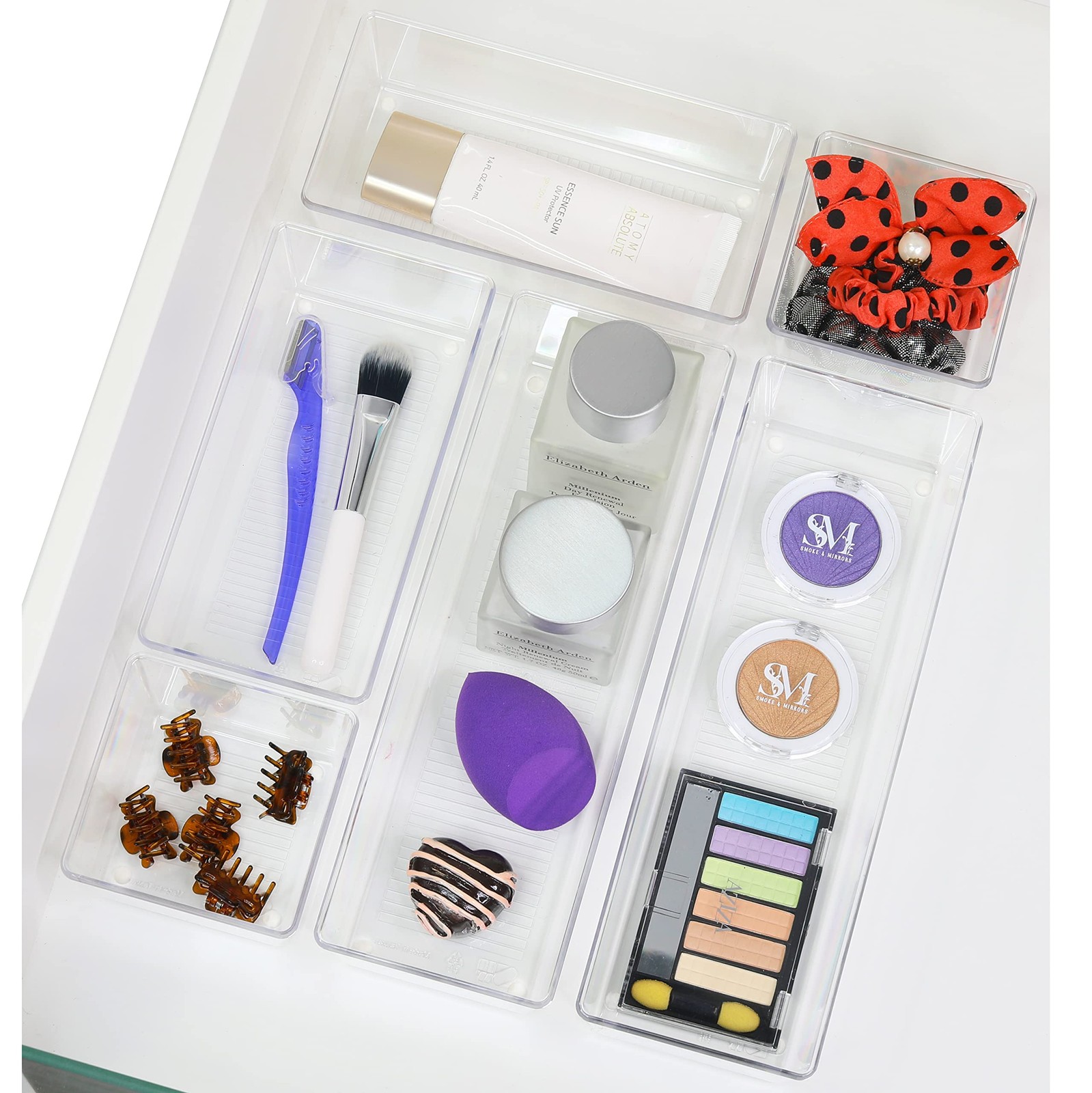 Clear Drawer Organizer for Office Bin Desk Storage, Assorted Size, 6 Packs