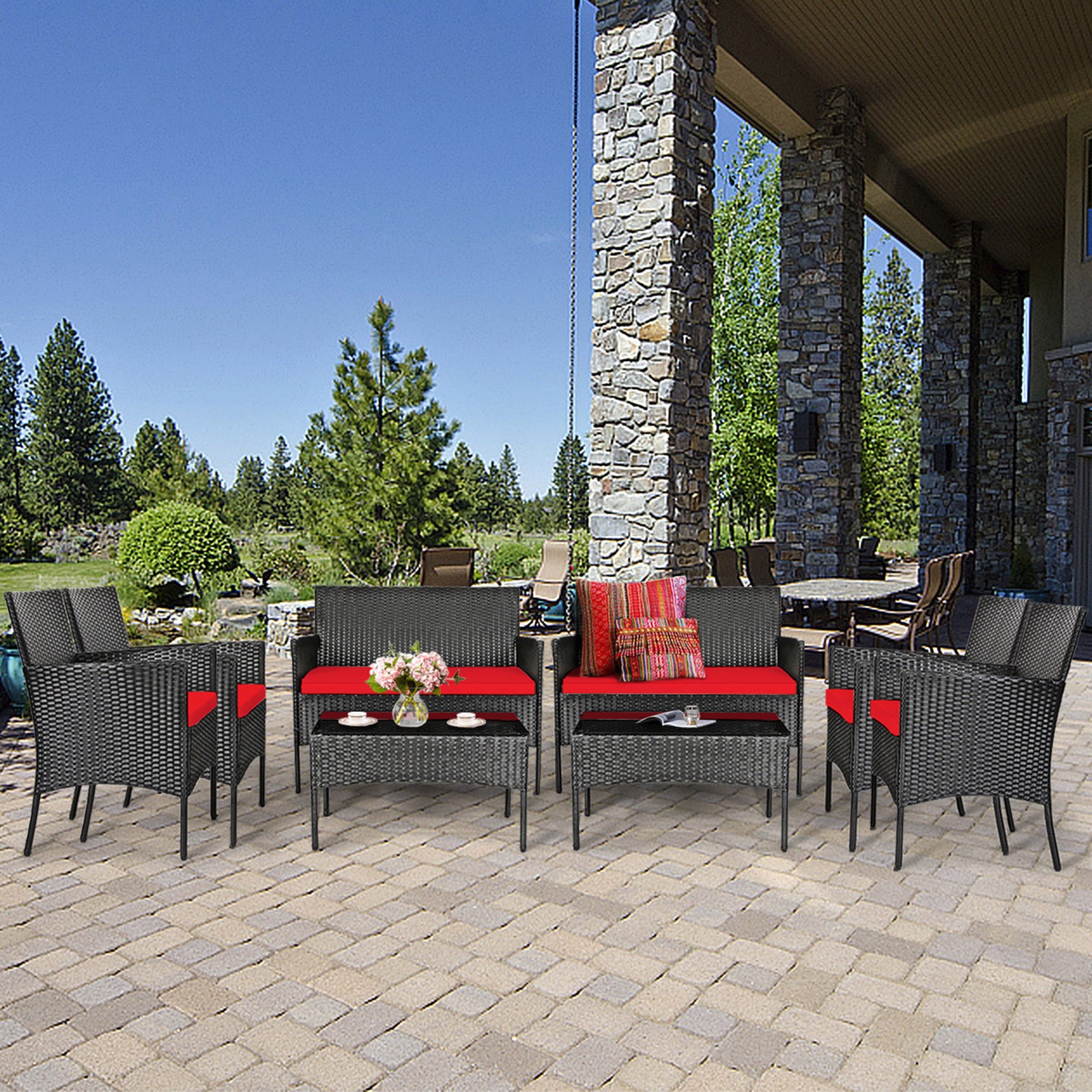 8PCS Outdoor Furniture Set Patio Rattan Conversation Set w/ Red Cushion