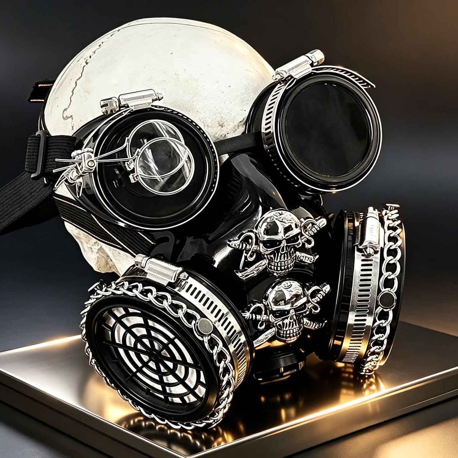 Men’s Steampunk Gothic Skull Chain Gas Mask with Goggles Cosplay Halloween