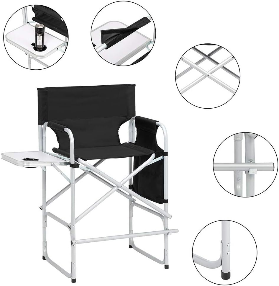 26"Tall Directors Chair Bar Height Seat Folding w/Side Table Storage Bag, 300Lbs