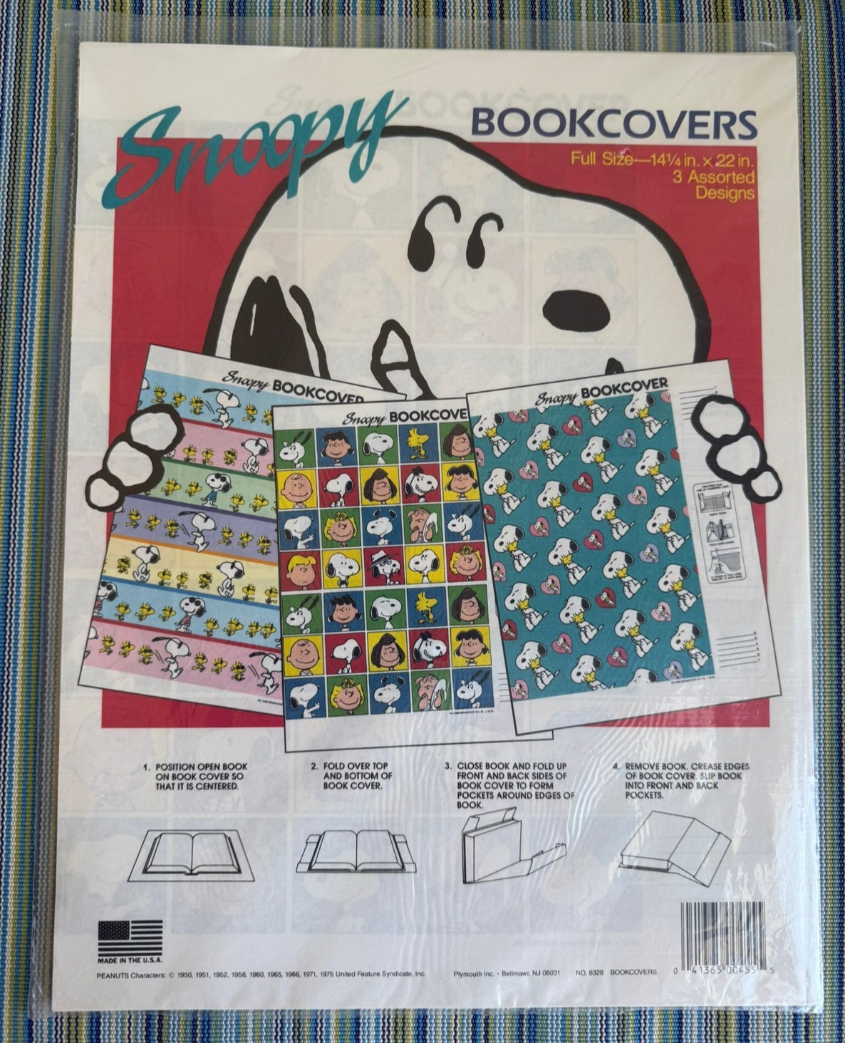 3 Vintage Assorted Snoopy Peanuts Bookcovers - 14.25" x 22" Sealed Made in USA