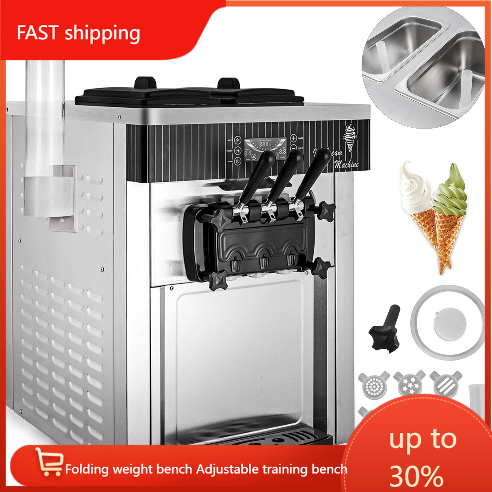 VEVOR 20-28L/H Soft Serve Ice Cream Machine Countertop Yogurt Maker 2200W Flavor