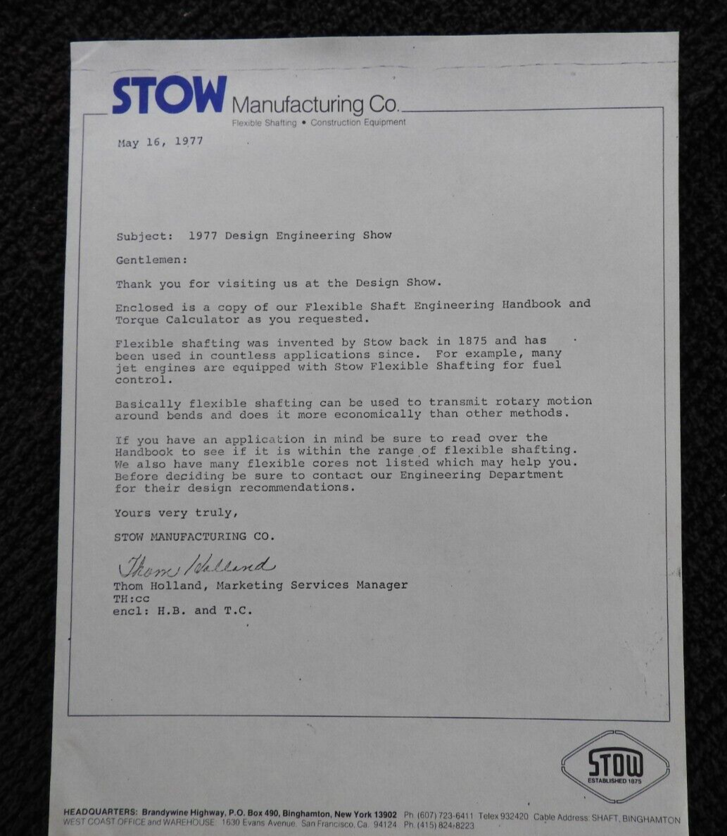 1977 Stow Manufacturing Co Flexible Shaft Literature Signed Letter San Francisco