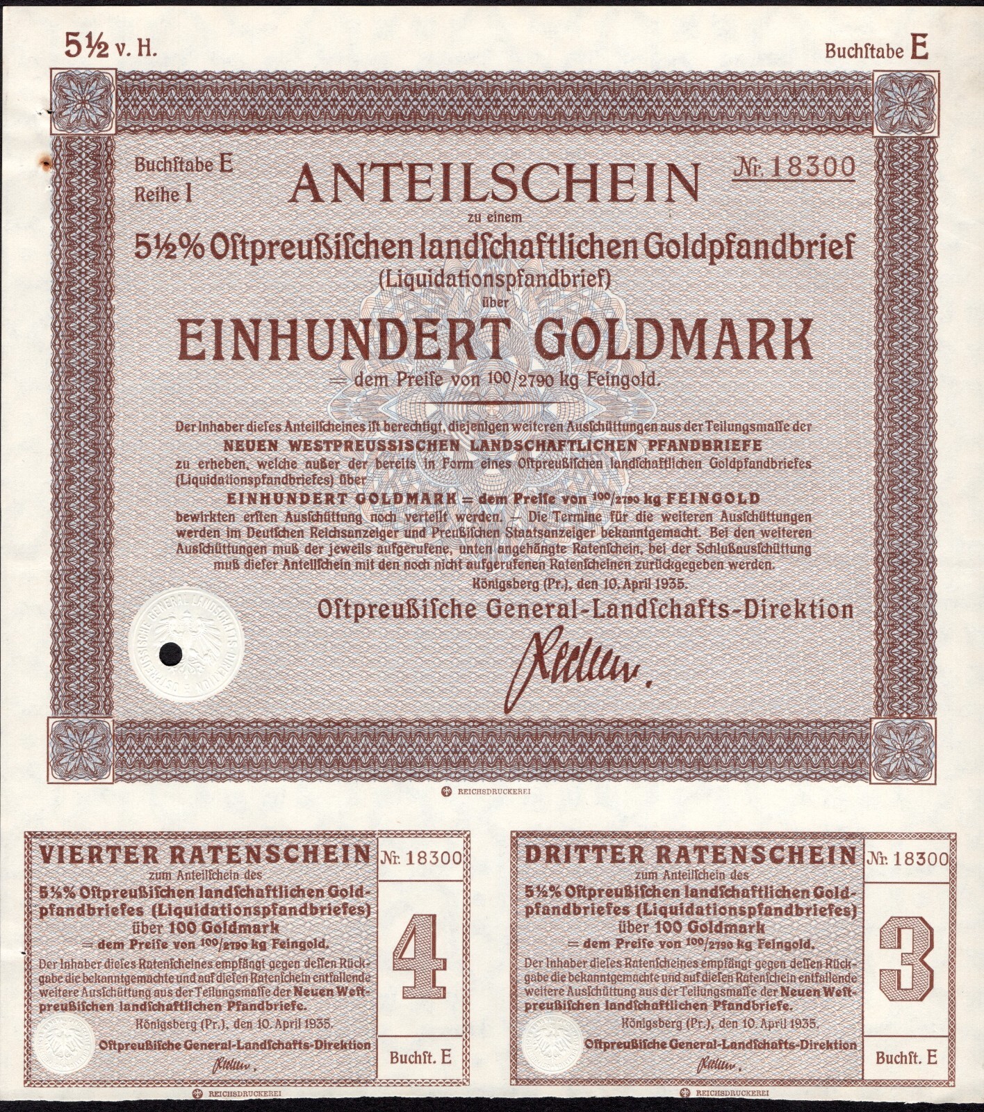 100 Goldmark 1935 - Königsberg  / Germany Loan Bond - Series: 18300 - "W140