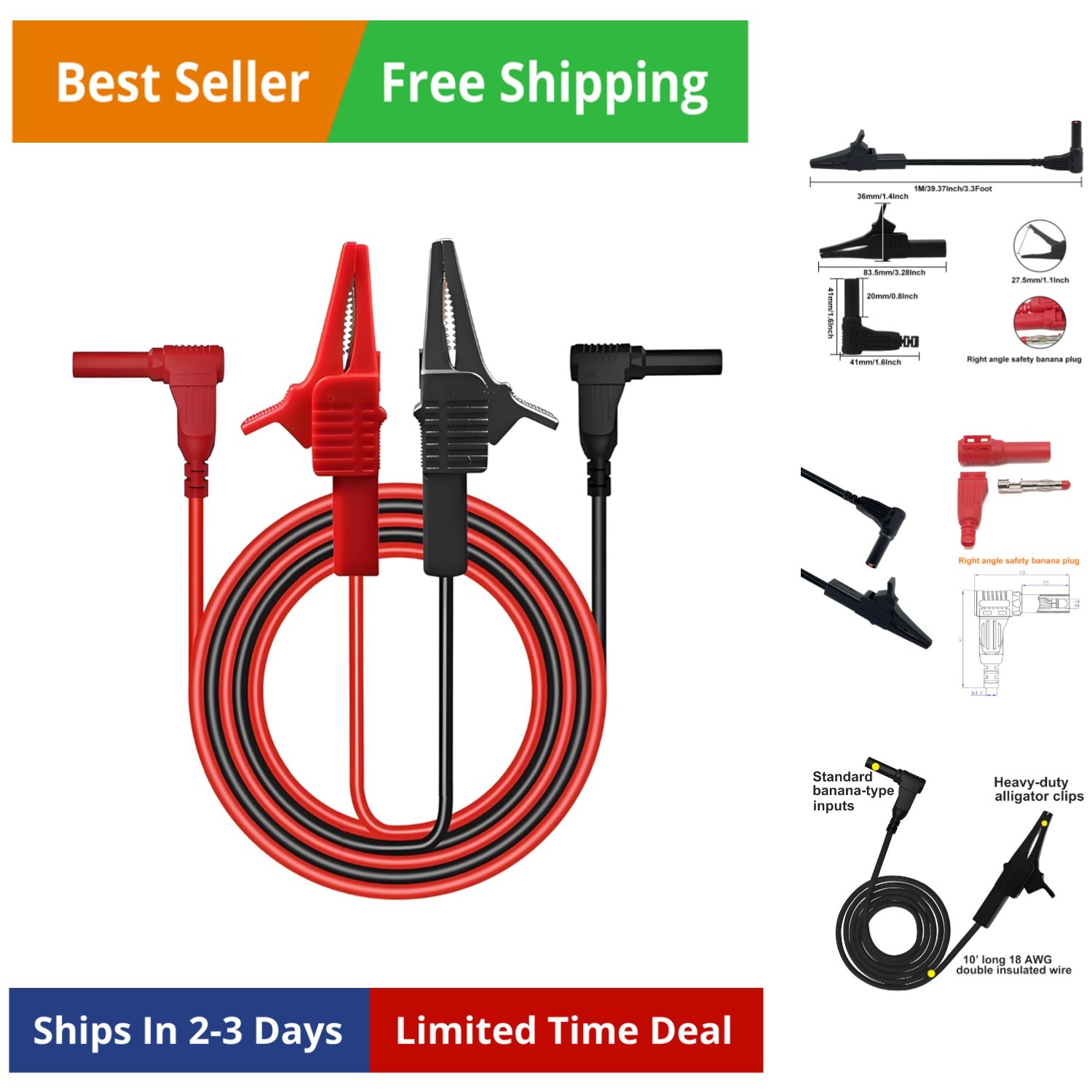 Heavy Duty Alligator Clips  Leads for Multimeter & Voltmeter - Large Gator  L...