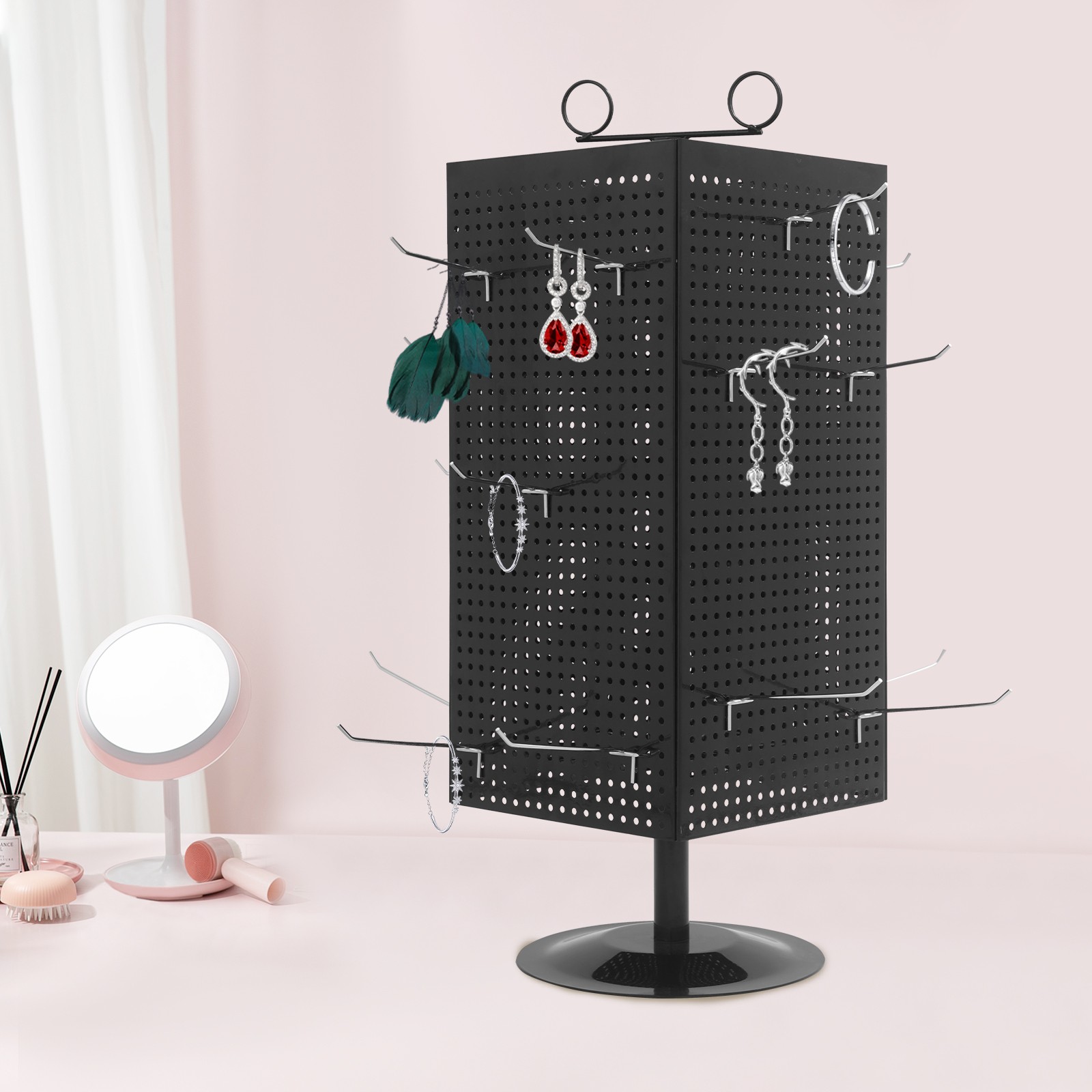 4-sided Black Revolving Display Stand Perforated Panel Display Stand Pegboard
