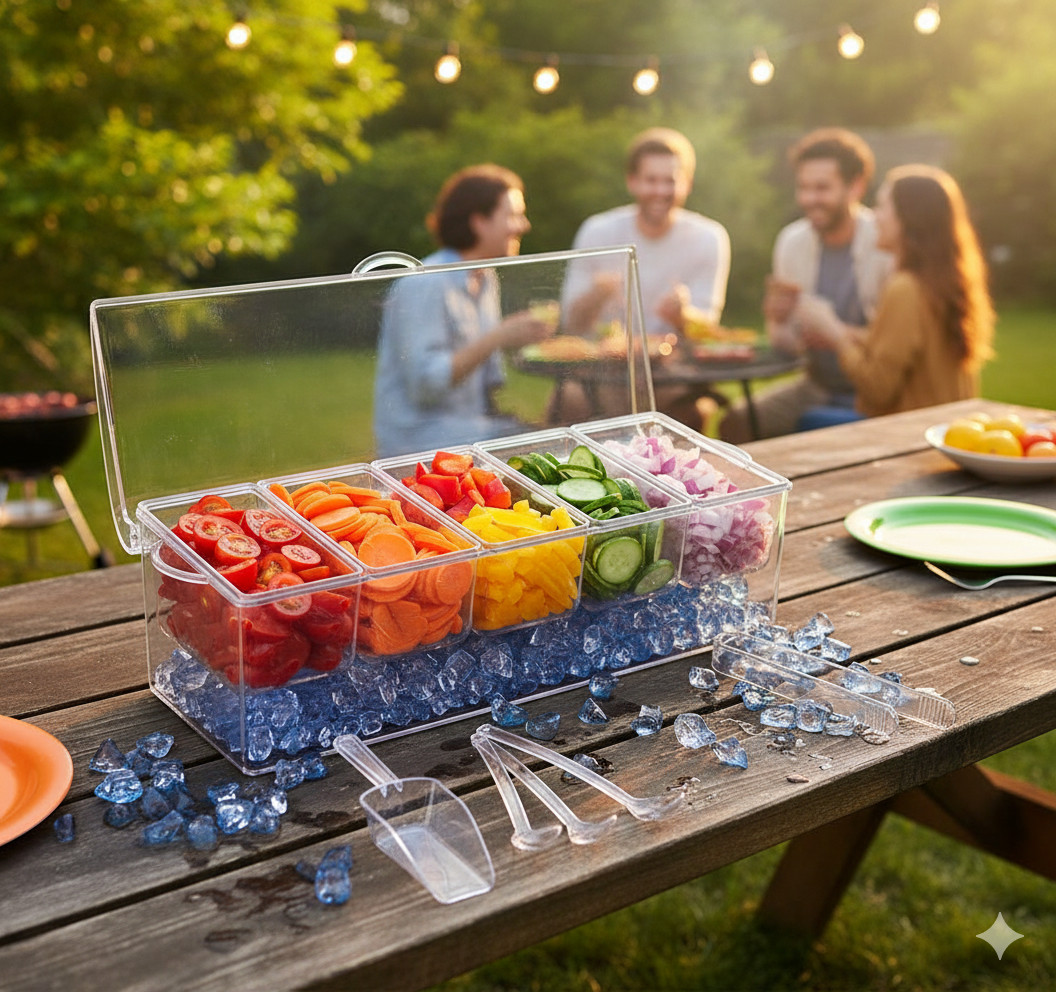 Snack and Topping Server – Ice Chilled Condiment Holder with Lid for BBQ & Parti