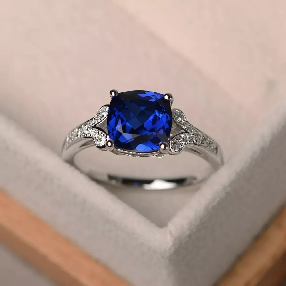 3.00 Ct Cushion Cut Natural Sapphire Diamond Ring 14K Solid White Gold Size All