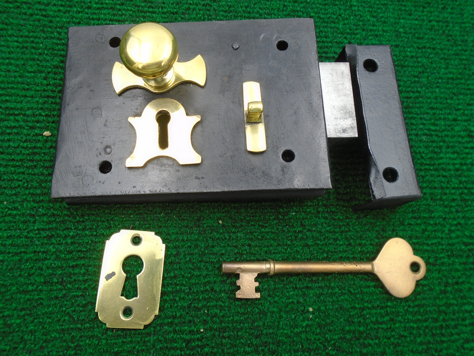 CIRCA 1830-40 WROUGHT IRON DRAW BACK RIM LOCK SET - FULLY RESTORED  (40290)