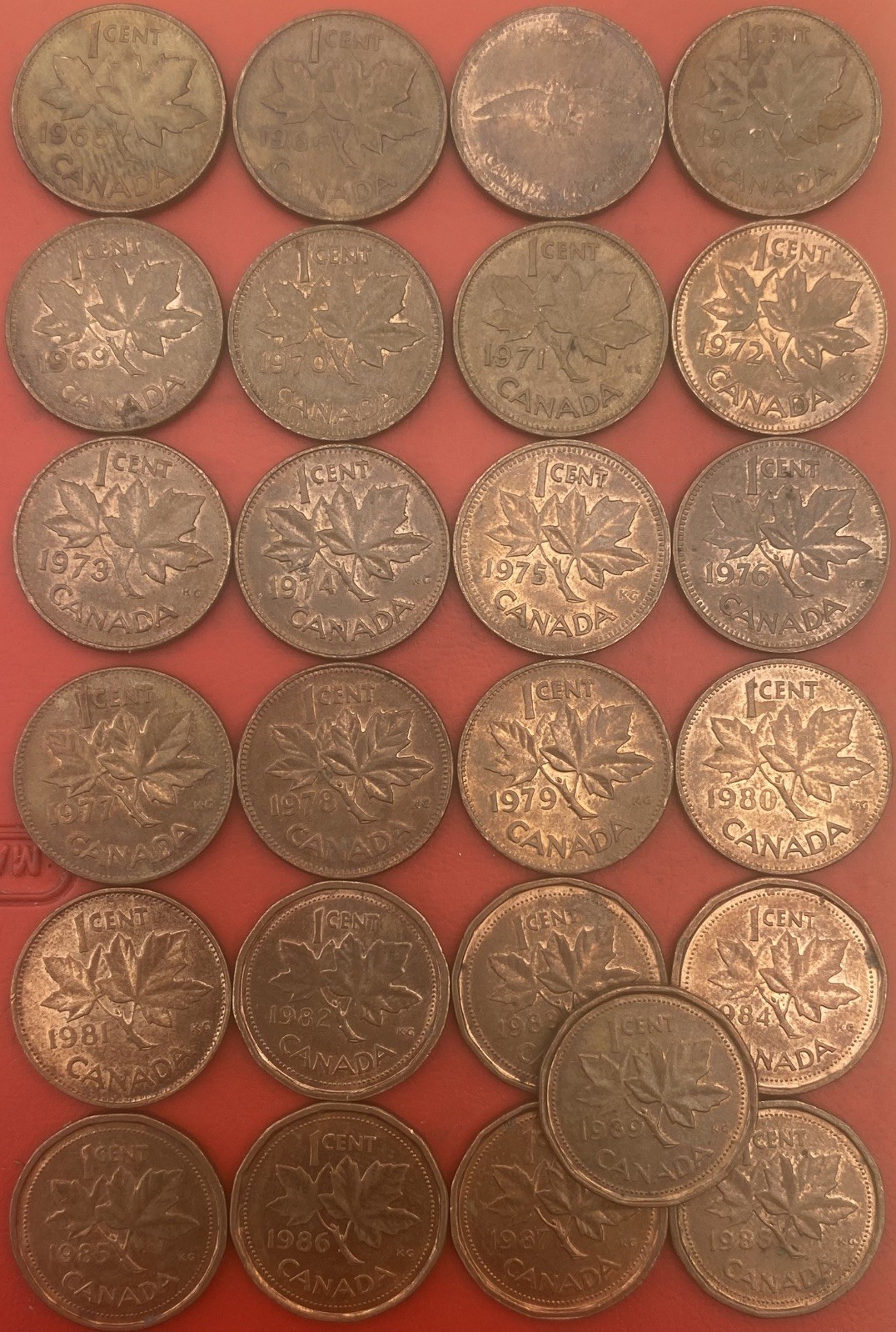 Canada 🇨🇦 Small 1 Cent Date Run 25x 1965-1989 Coins Elizabeth II Tiara