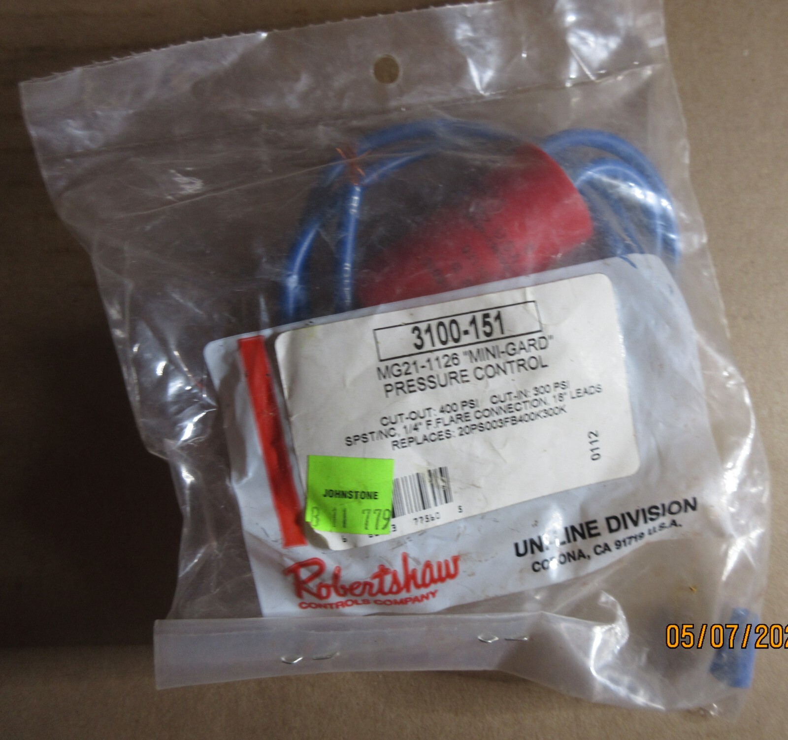 ROBERTSHAW 3100-151 MINI-GARD PRESSURE CONTROL Cut Out 400 PSI Cut In 300 PSI