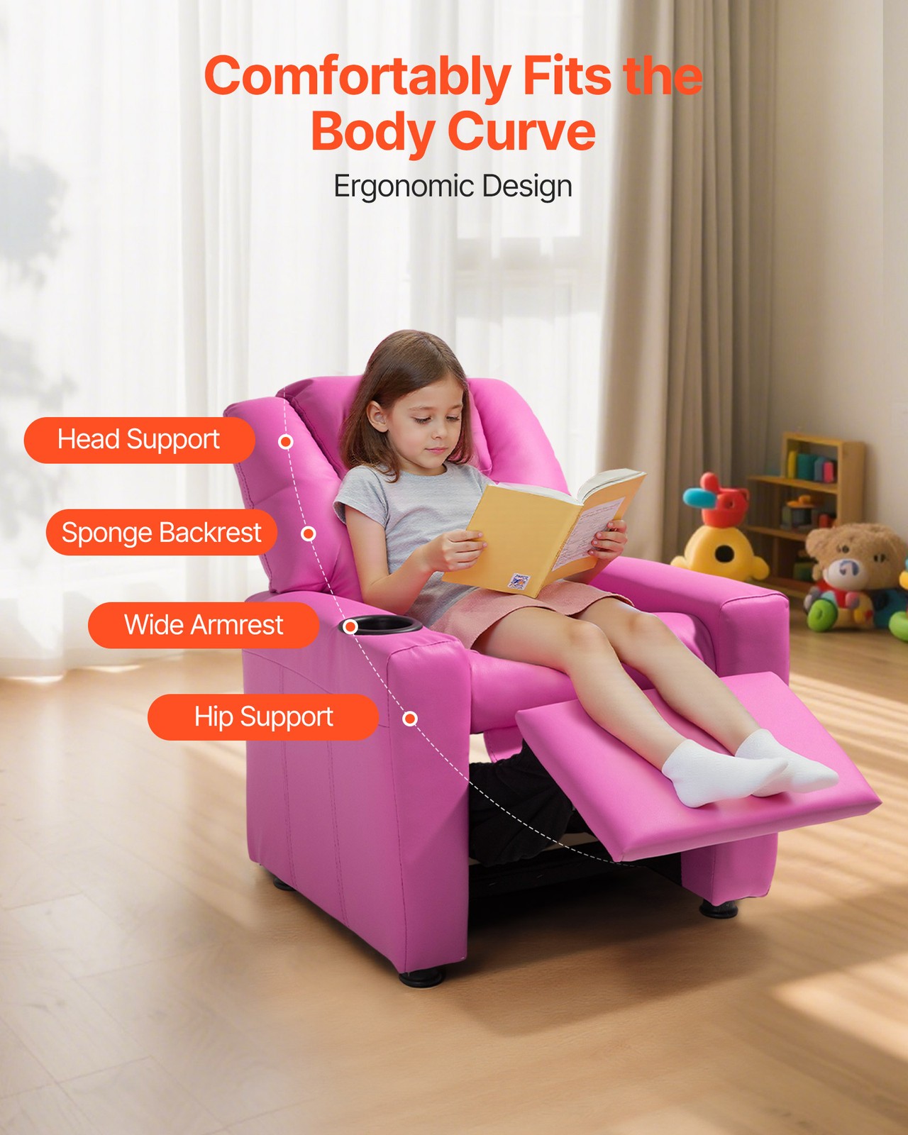 VEVOR Kids Reclining Chair PU Leather Toddler Recliner with Cup Holder (Pink)