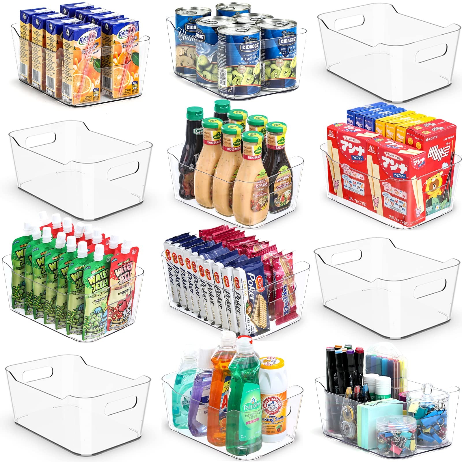 12 PACK Multiuse Clear Plastic Storage Bins for Organizing w/ Medium,