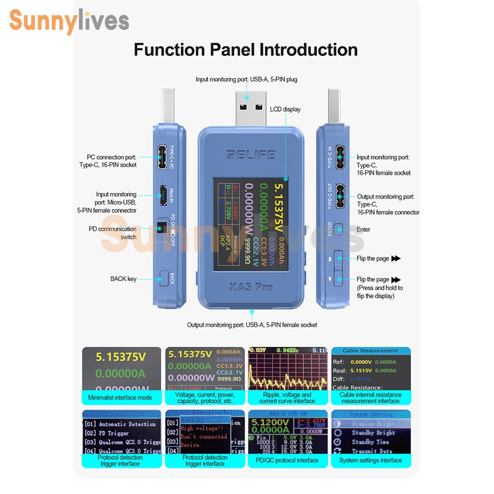 XA3 Pro LCD Digital Voltage Current USB Power Meter Protocol Auto Identification