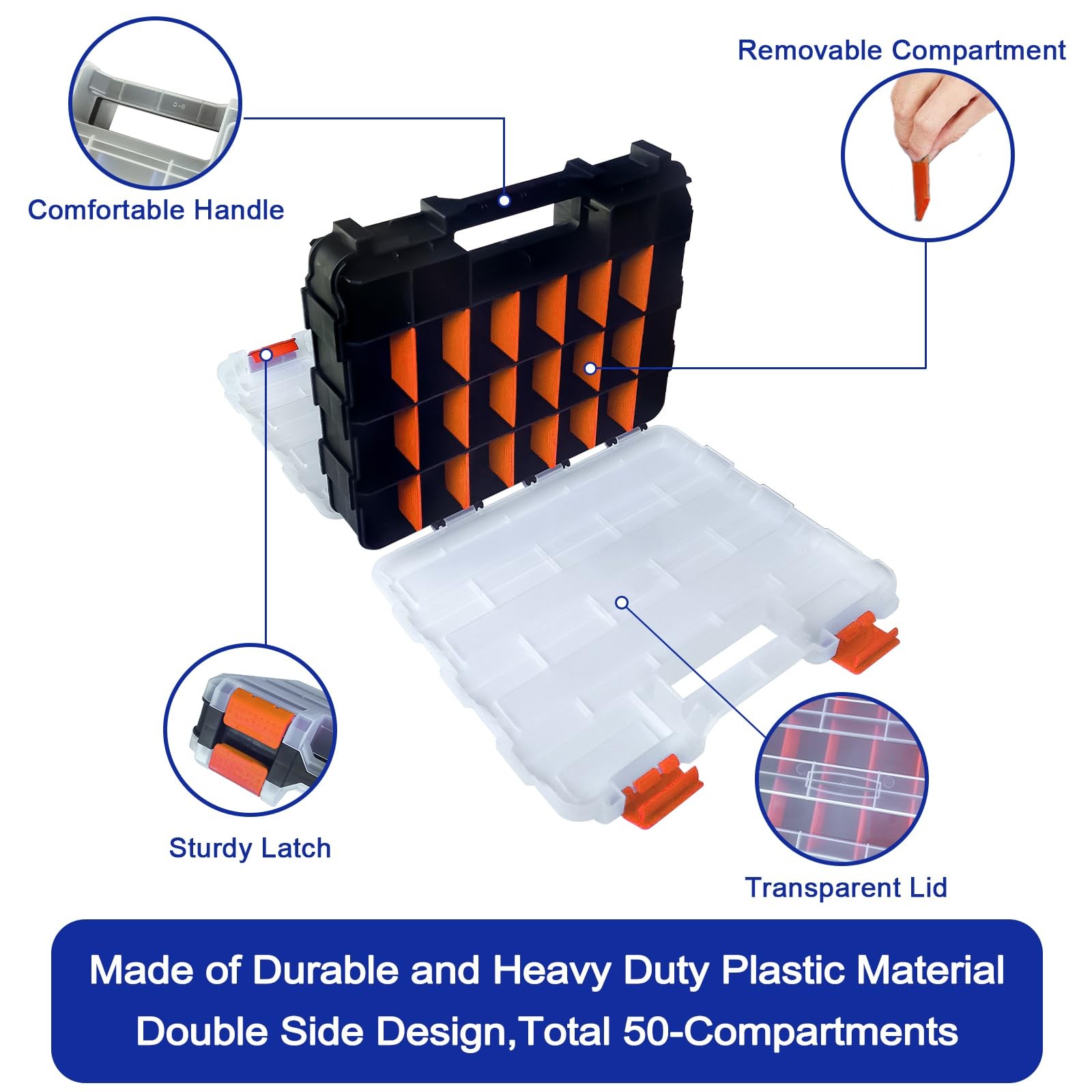 Tools Organizer Box Small Parts Storage 50-Compartment Double Side Orange