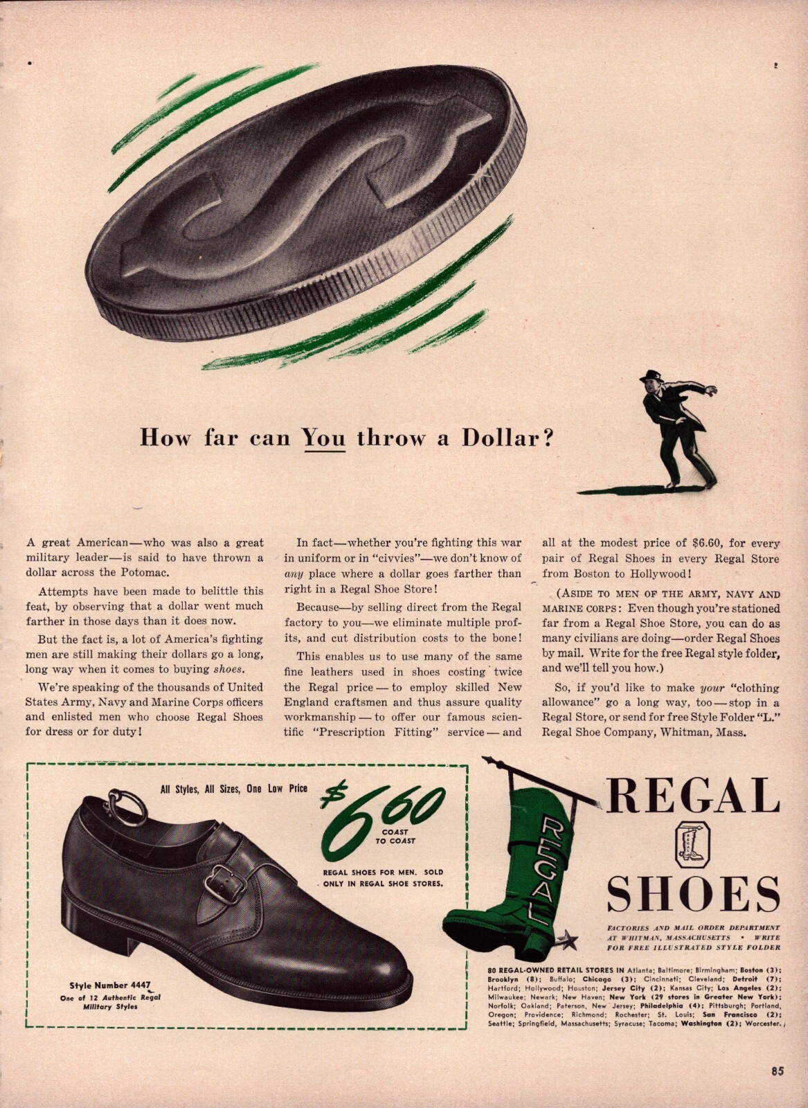 1942 Regal Shoes PRINT AD A Dollar Goes Farther Military Styles Factory Direct