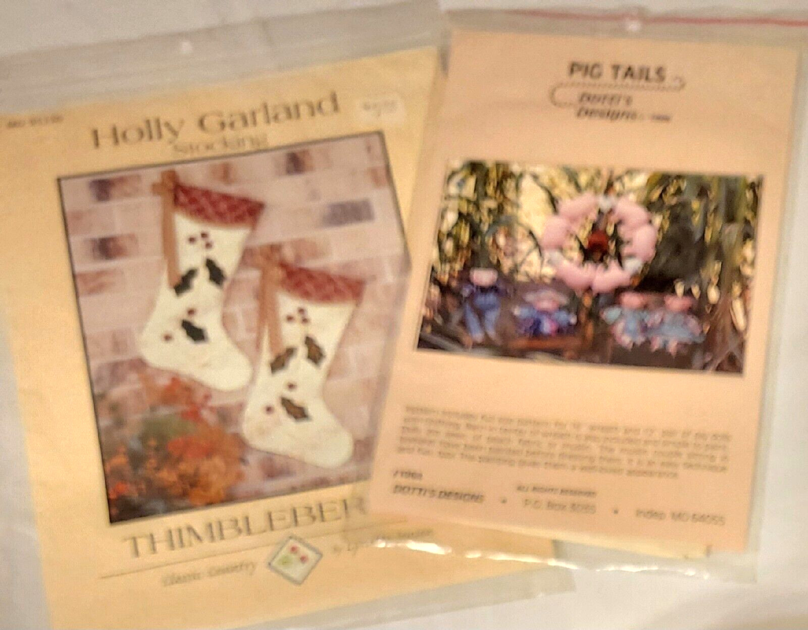 Lot 2 Patterns HOLLY GARLAND Stocking Thimbleberries - PIG TAILS Dottis Wreath